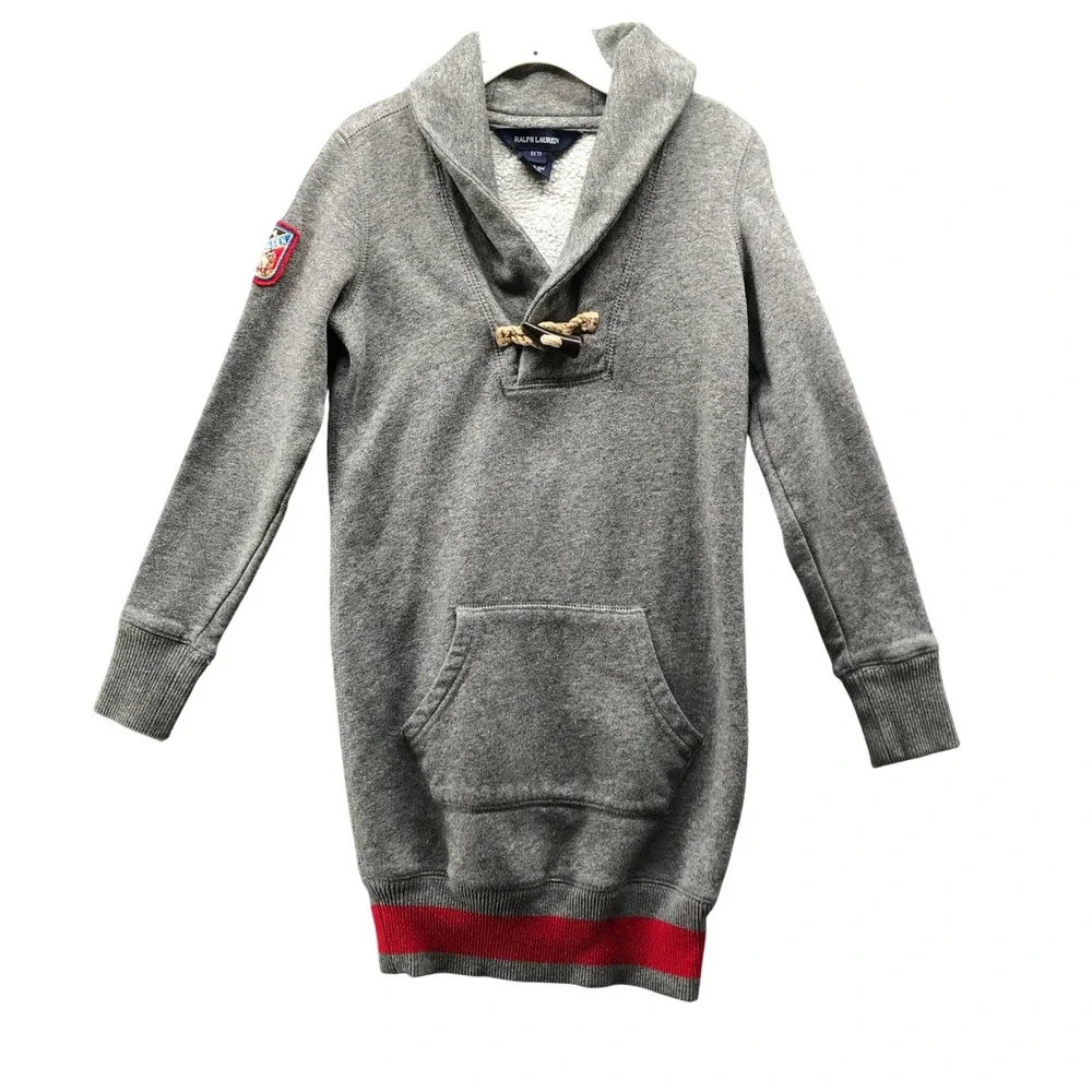 Ralph Lauren Girls Size 7 (S) Sweatshirt Dress Shawl Neck‎ Toggle Gray Pullover
